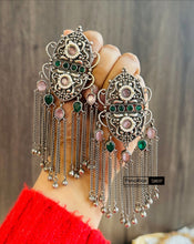 Load image into Gallery viewer, German silver Jharna Stone long dangling Tassel Pearl Earrings

