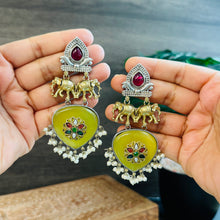 Load image into Gallery viewer, Yellow German silver Dual Tone Stone  Elephant Dangling Earrings
