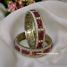 Load image into Gallery viewer, Ruby Polki Golden Antique Bangle set
