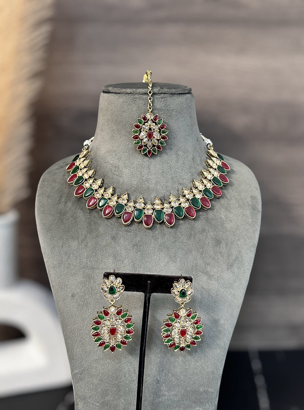 Jiya golden antique Ruby green  Kundan Polki Necklace Set with Maangtikka