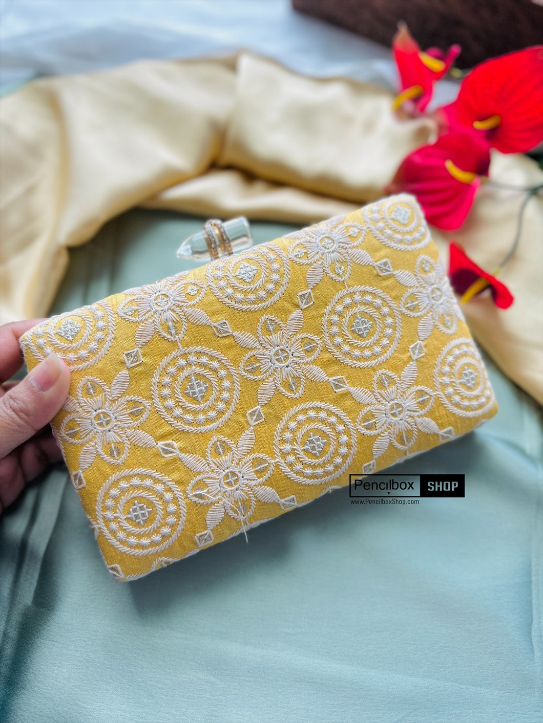 Yellow white embroidery Ethnic clutch for women with chain