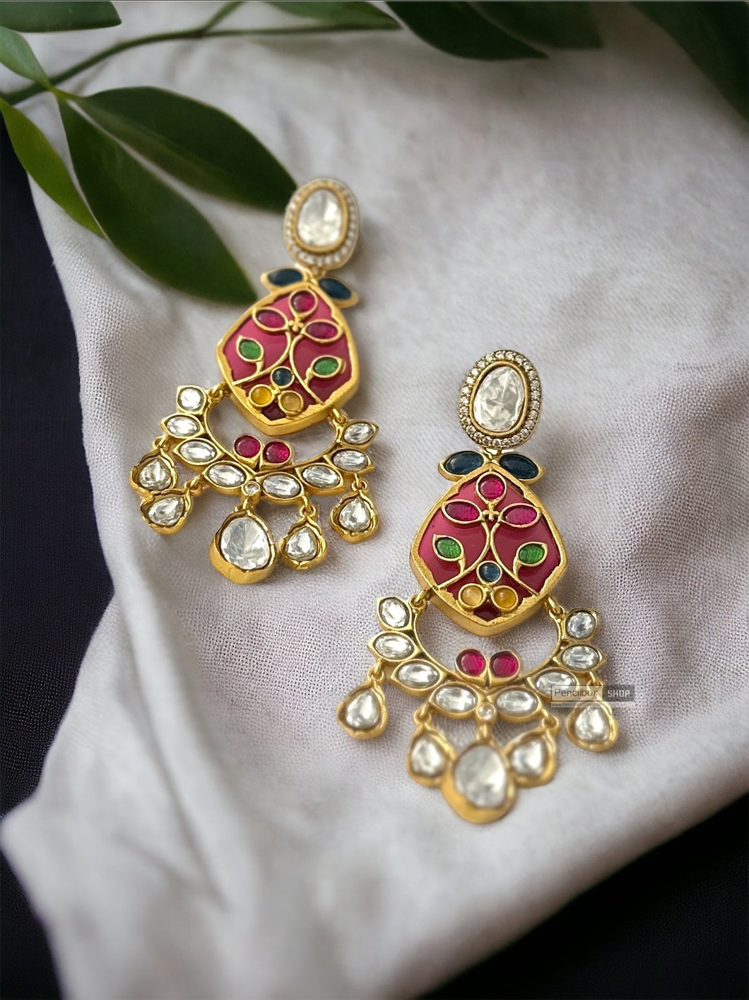 Inlay work Multicolor Gold plated moissanite Hanging Earrings
