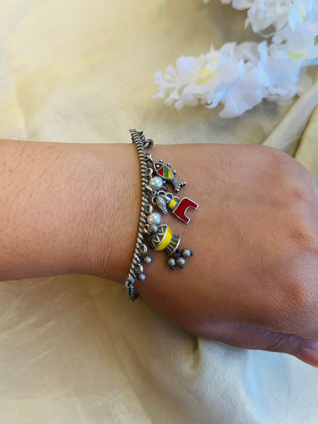 German Silver enamel charm Adjustable Bracelet