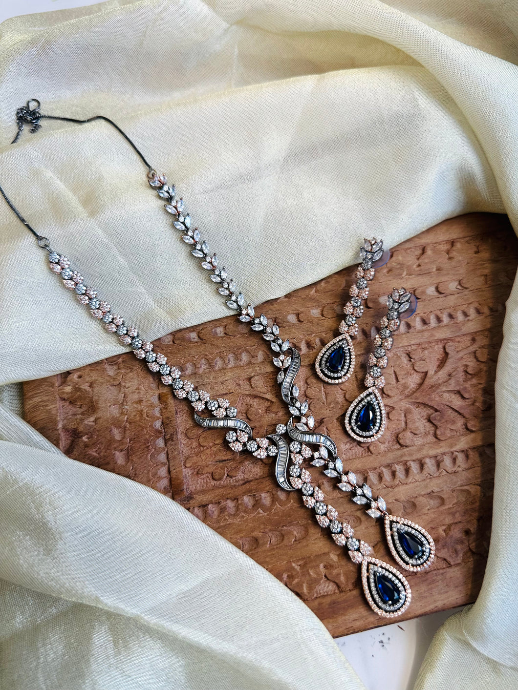 Layered Royal Blue layered Victorian American Diamond designer Necklace set