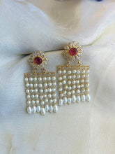 Load image into Gallery viewer, 14k Gold plated Ruby Pearl Temple earrings
