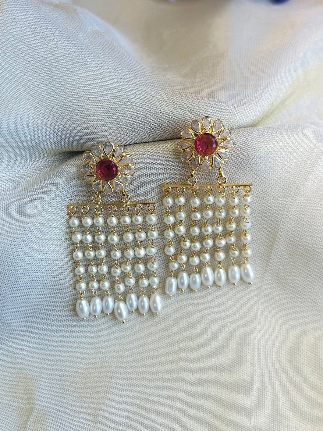 14k Gold plated Ruby Pearl Temple earrings