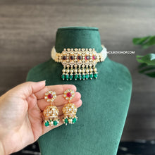 Load image into Gallery viewer, Tayani 22k gold Plated Ruby Green pearl Choker necklace set

