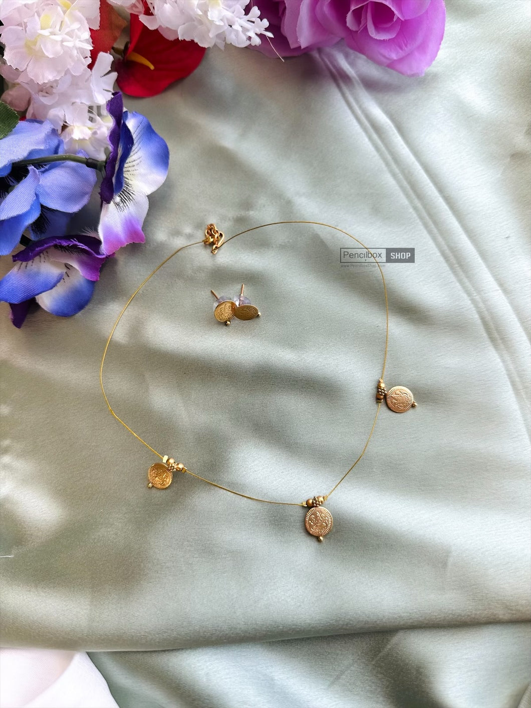 TRENDING Golden Matte Lakshmi ji Invisible Coin Necklace set