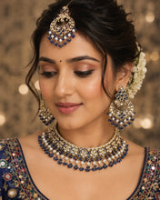 Load image into Gallery viewer, Aarohi Royal Blue  Golden Polki Necklace Set with maangtikka

