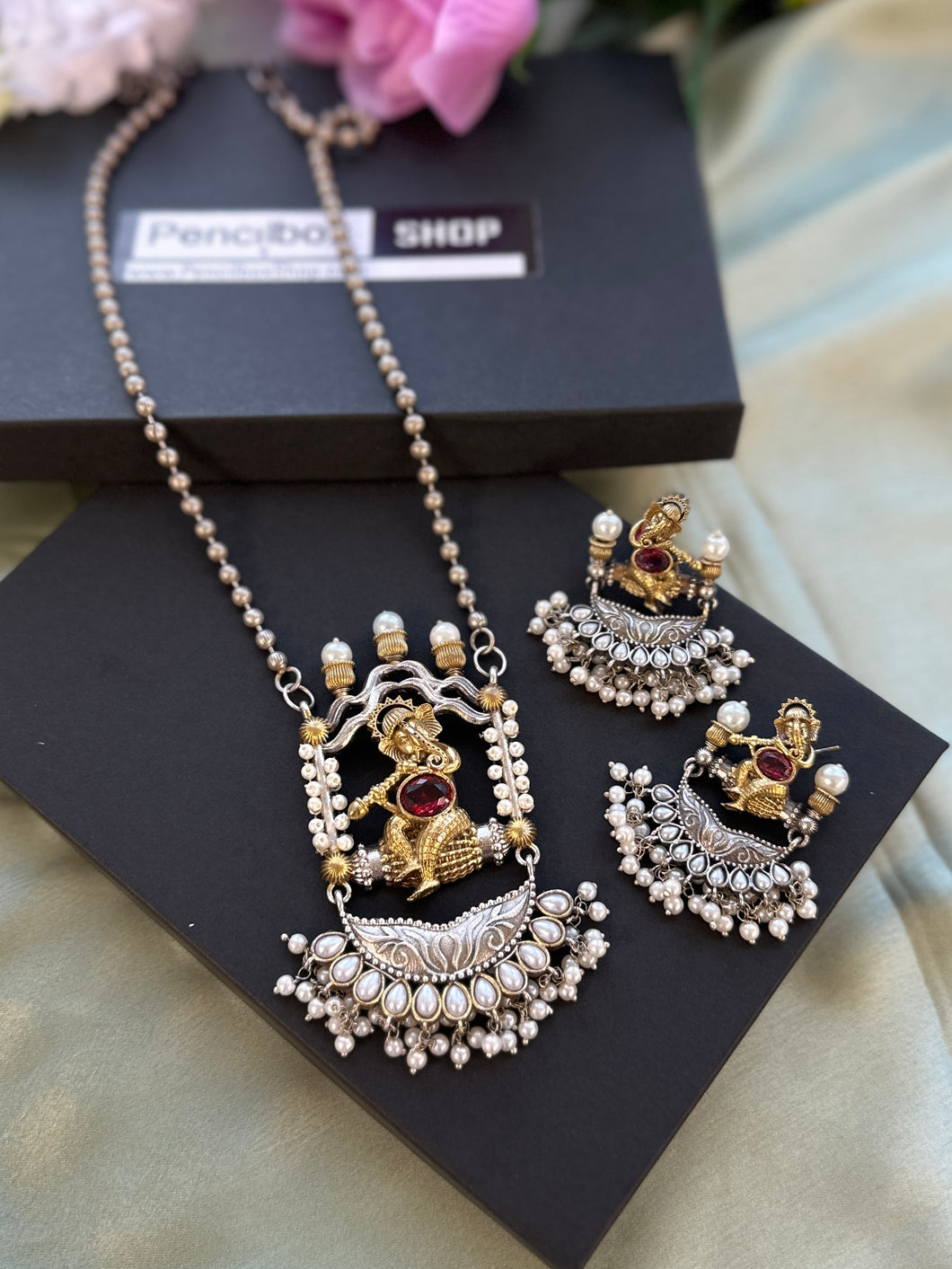 Ganesha ruby Pearl German Silver Dual tone Stone Necklace set