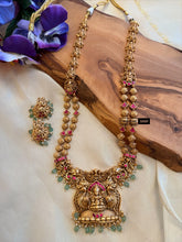 Load image into Gallery viewer, Pachi Kundan Long Lakshmi ji Golden Brass Temple necklace set
