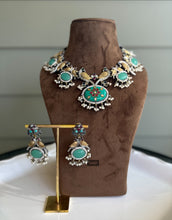 Load image into Gallery viewer, German silver Dual Tone peacock big stone statement  necklace set
