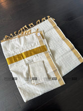 Load image into Gallery viewer, Onam Special Ivory Golden Square check Cotton Kerala saree
