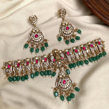 Load image into Gallery viewer, Lakshmi ji Premium Kemp stone Heavy Choker pachi kundan necklace Temple set
