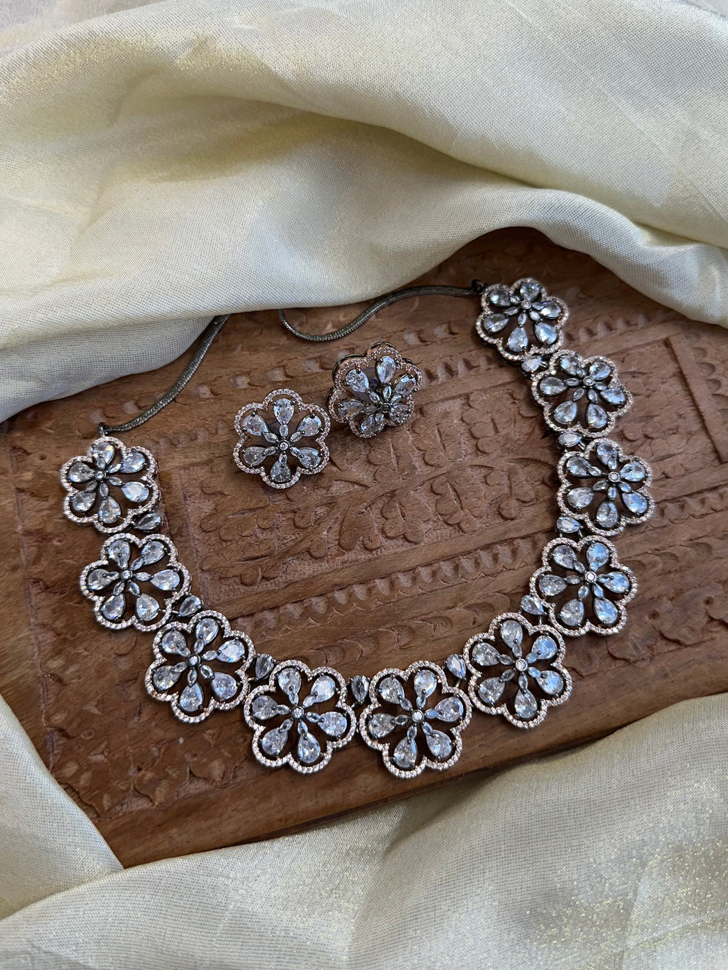 Anaya Flower Victorian White American Diamond Necklace set