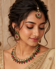 Load image into Gallery viewer, Jiya golden antique Ruby green  Kundan Polki Necklace Set with Maangtikka
