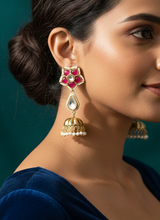 Load image into Gallery viewer, Fusion 92.5 silver coated Dual Tone Ghungroo Ruby Pachi Jhumka  earrings
