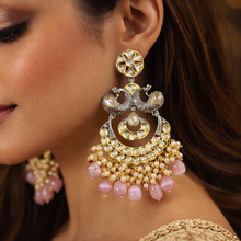 Load image into Gallery viewer, Tayani Kundan gold plated Peacock Pink chandbali earrings

