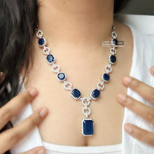 Load image into Gallery viewer, Tara-American Diamond Royal Blue Silver Finish Long Designer Necklace set
