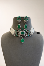 Load image into Gallery viewer, Green Silver Pearl Celebrity American Diamond Choker necklace set
