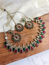 Load image into Gallery viewer, Jiya golden antique Ruby green  Kundan Polki Necklace Set with Maangtikka
