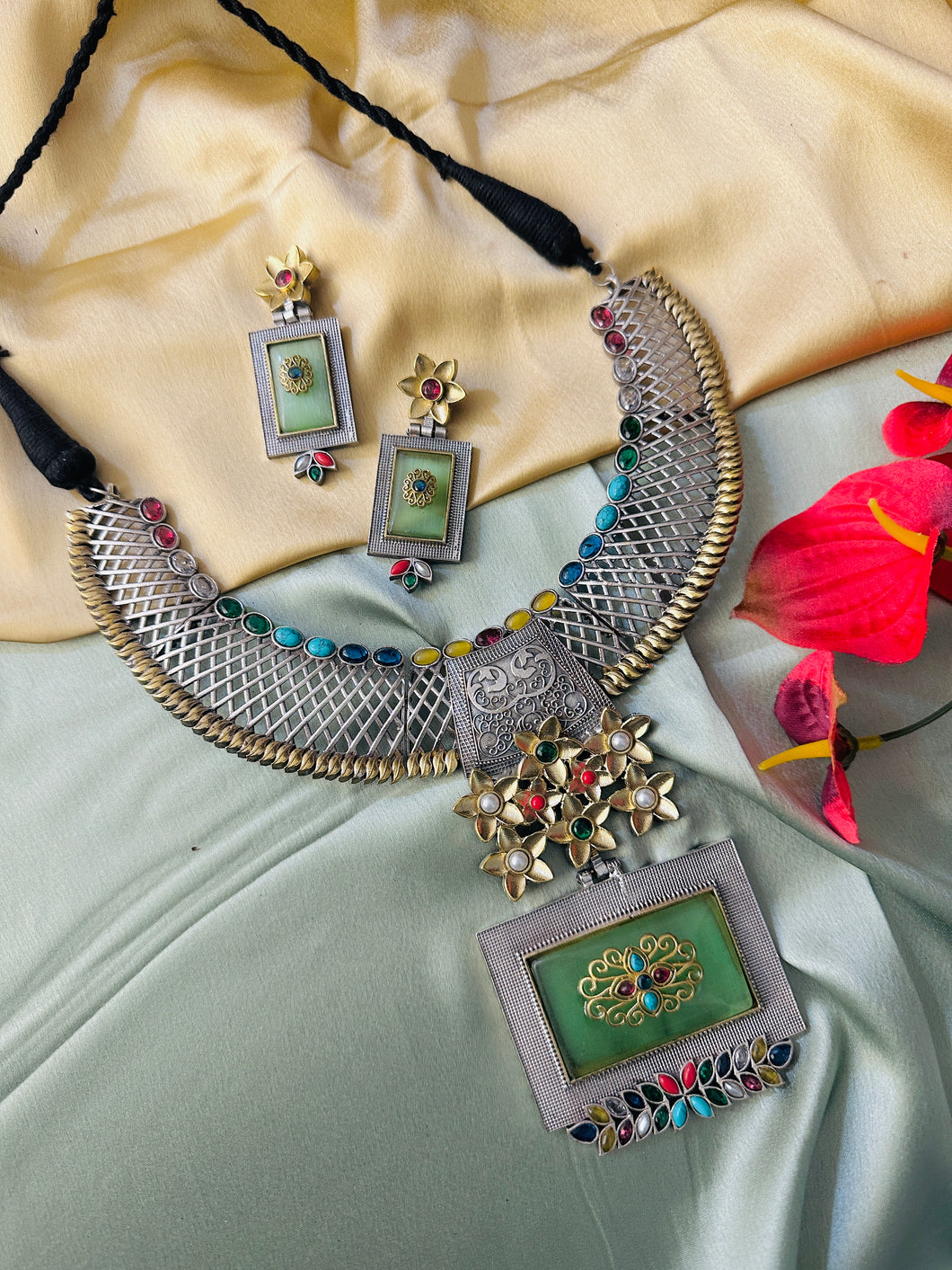 Multicolor statement German Silver Necklace set