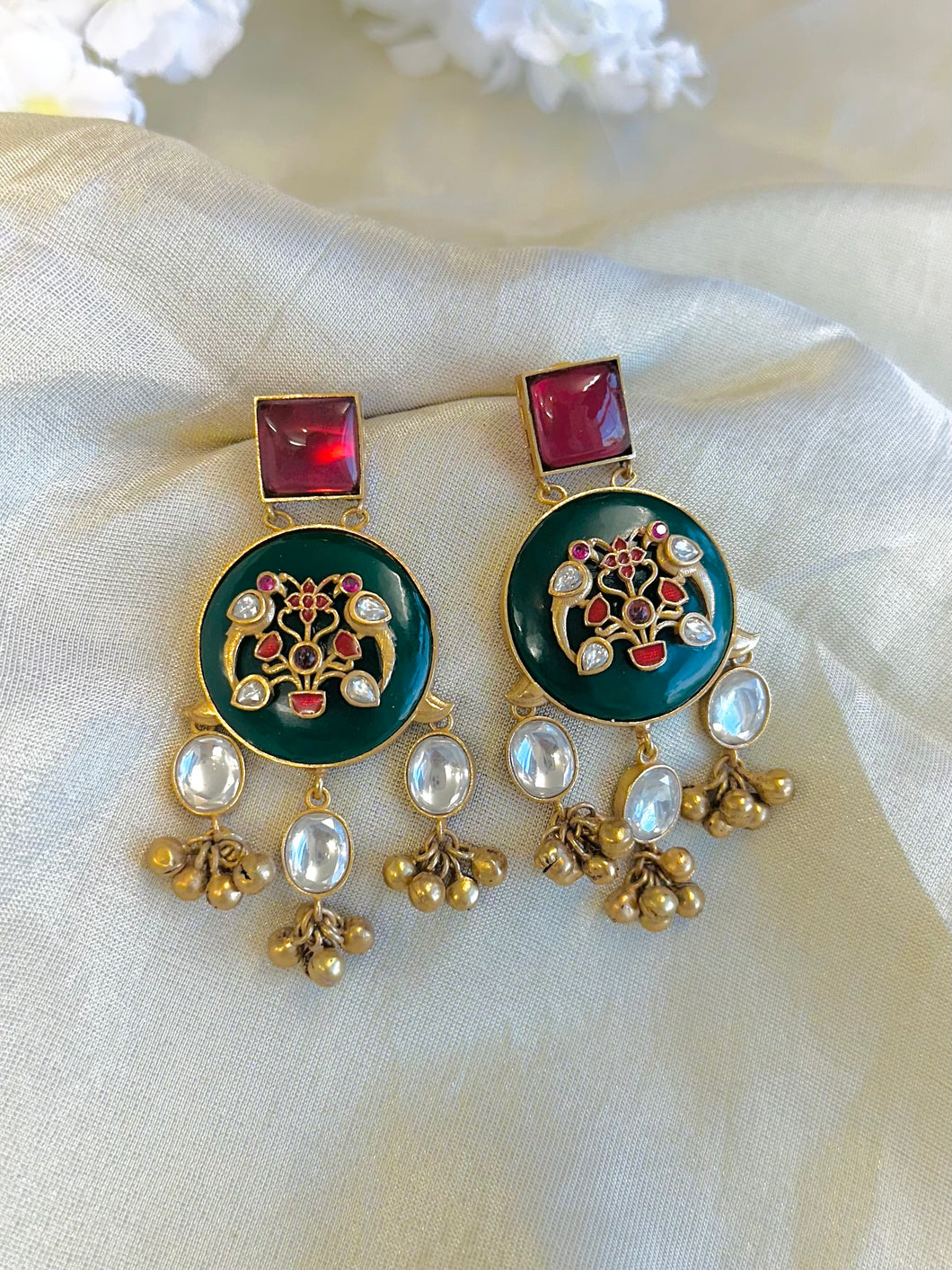 Green Red Inlay work moissanite Drop Earrings