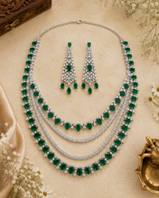Load image into Gallery viewer, Four Layered Green Premium american diamond Real Looking Silver necklace set
