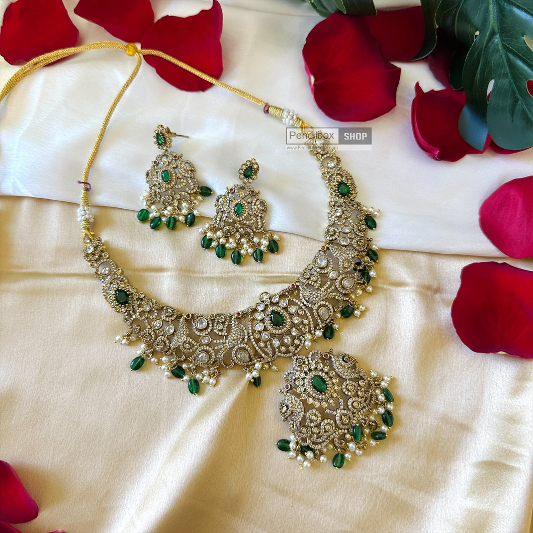 Golden Green Peacock Kundan Polki Temple ethnic Necklace set