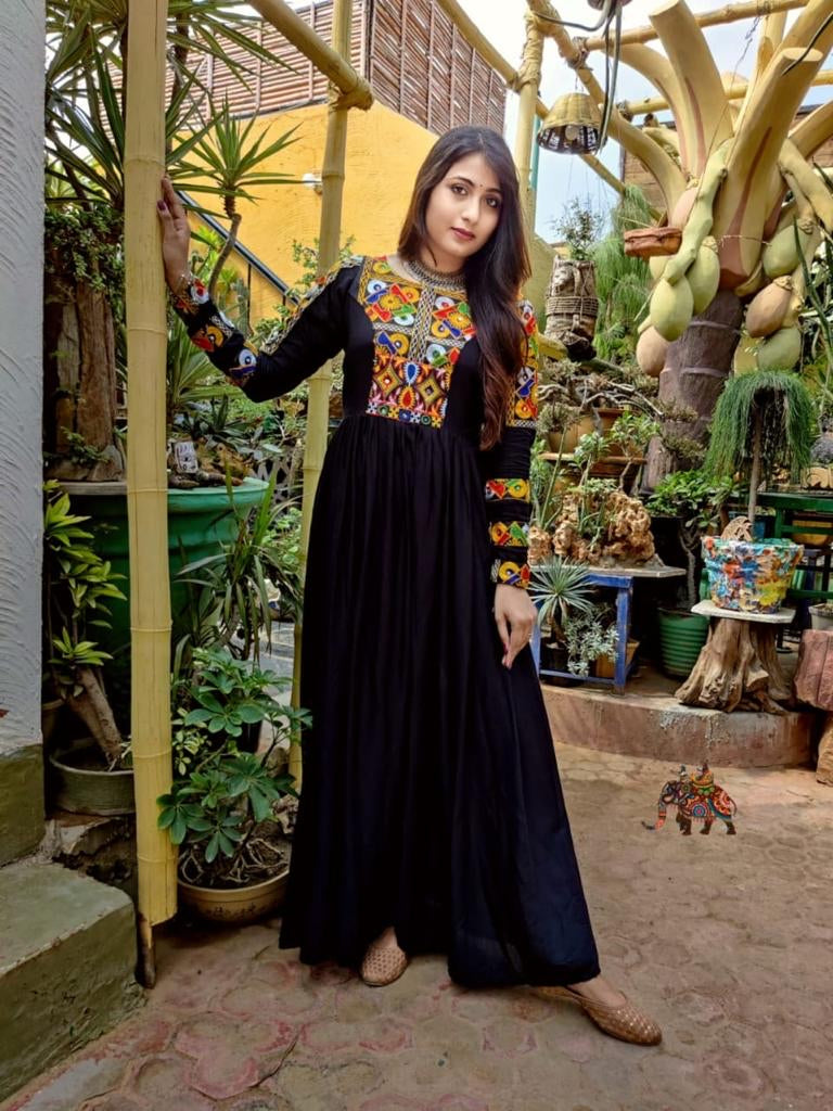 Black navratri Embroidery  Long Gown Floral  Women Clothing