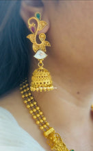 Load image into Gallery viewer, Radha krishna Pearl Pachi Kundan long Statement Designer Premium Necklace set

