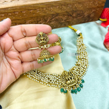 Load image into Gallery viewer, Golden Lakshmi ji  Kemp Stone Beaded Temple Necklace set
