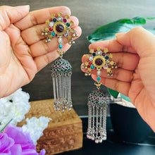 Load image into Gallery viewer, German Silver Multicolor Tassel Jhumka Earrings
