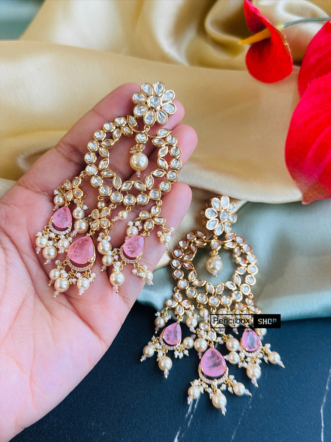 Pink doublet 22k gold plated Tayani Gold plated CHANDBALI Earrings