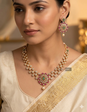 Load image into Gallery viewer, Dainty cz Ruby green golden Necklace set
