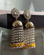 Load image into Gallery viewer, Polki Big Pearl Golden Long Jhumka Earrings
