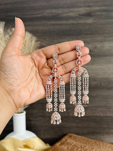 Load image into Gallery viewer, American diamond Rose Gold Long three jhumkas dangling Earrings

