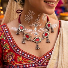 Load image into Gallery viewer, Afghani Real Mirror Red Ghungroo Navratri Choker Necklace
