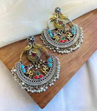 Load image into Gallery viewer, German silver Peacock multicolor Beads Pearl Chandbali statement Earrings
