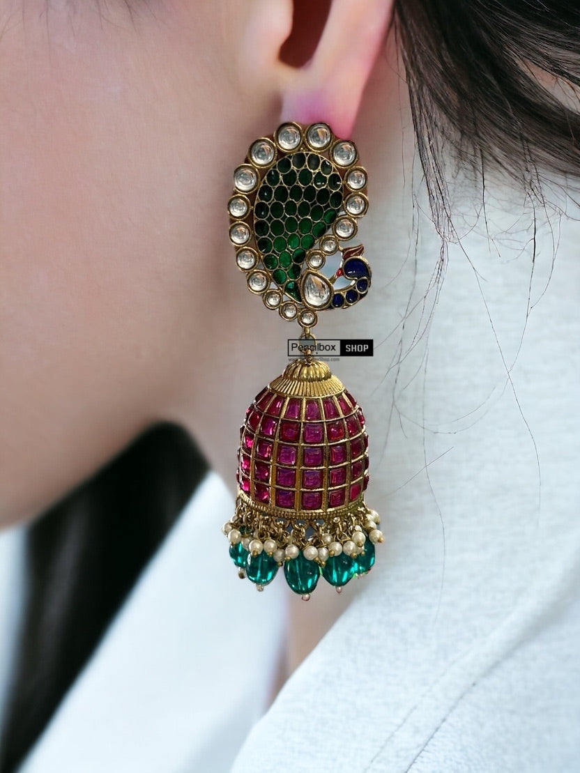 Ruby Green Peacock Kundan Ethnic Earrings