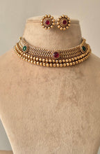Load image into Gallery viewer, Dainty Pearl Ruby Green Choker Temple Ethnic Necklace set
