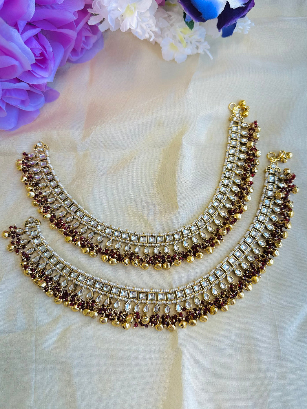 Pair of Ruby Kundan Ghungroo Anklet set
