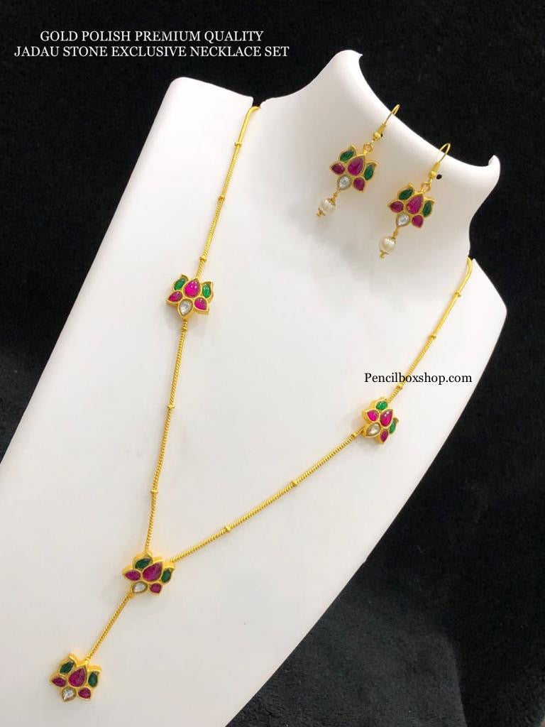 Long Delicate Jadau kundan multicolor Lotus necklace set