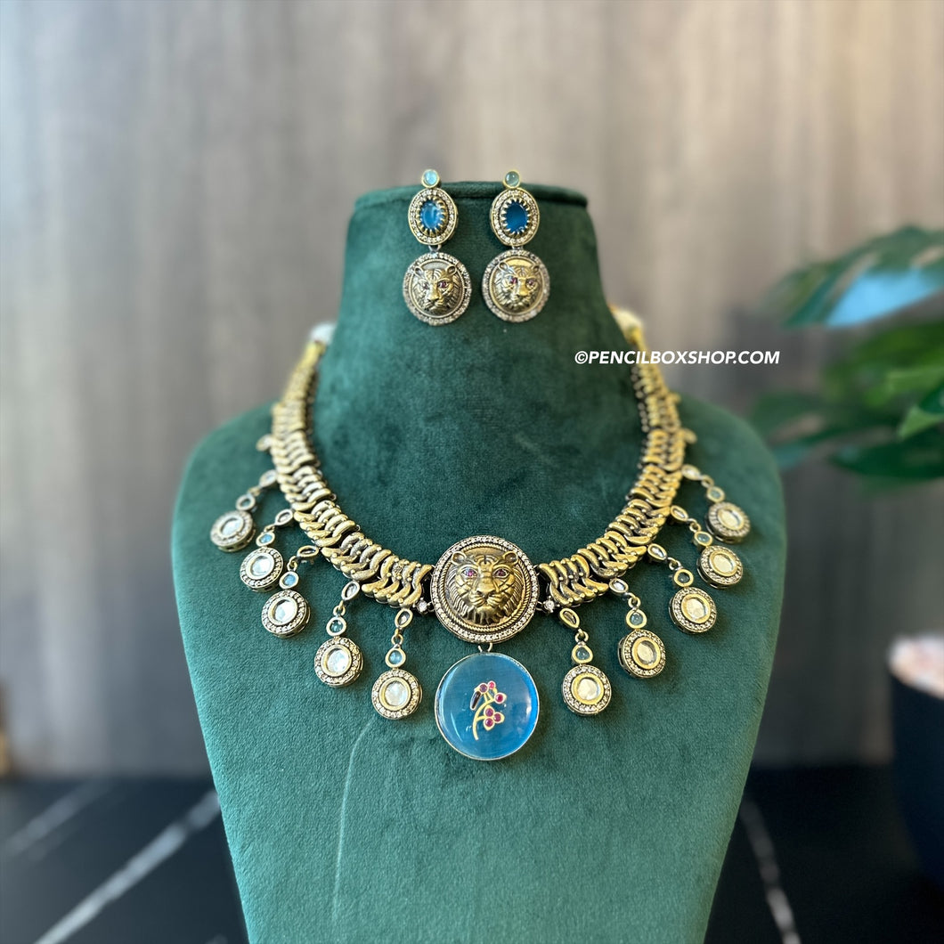 Jaguar Blue tassel Antique Statement Necklace set