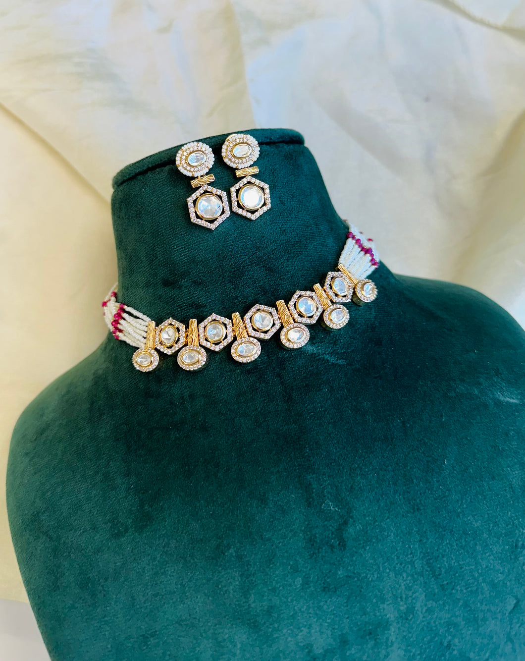 Moissanite Choker Pearl Beads Necklace set