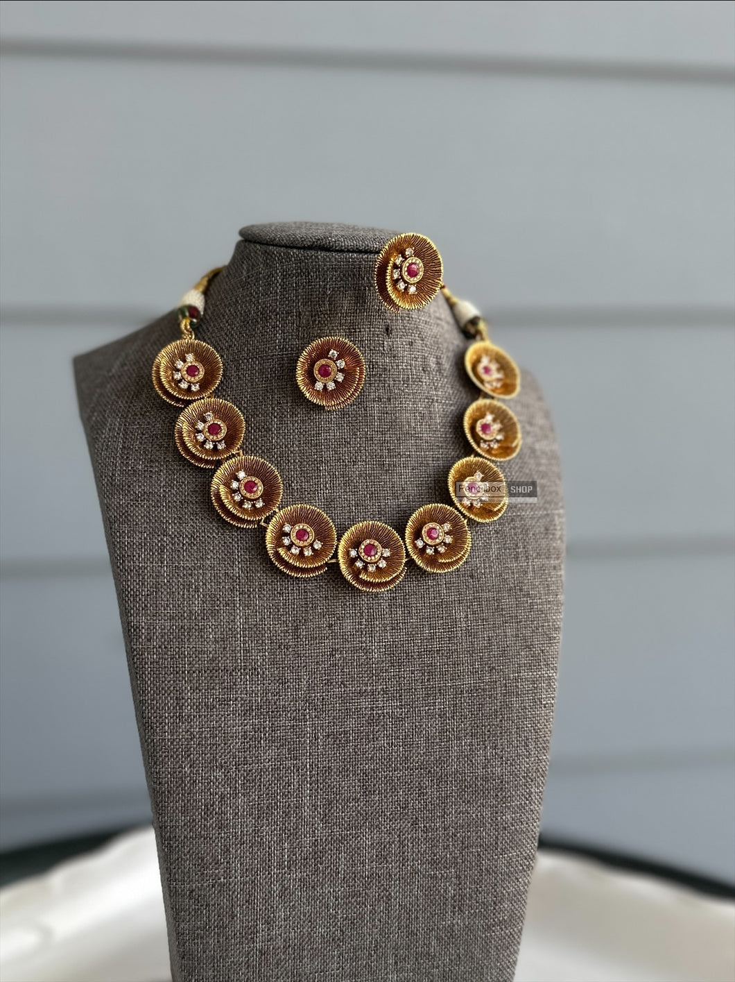 Soni 22k Gold plated Ruby Flower Designer Tayani Necklace set