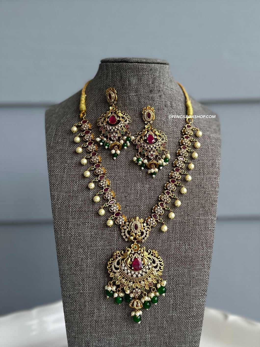 Exclusive cz kemp stone multicolor Necklace set Temple Jewelry