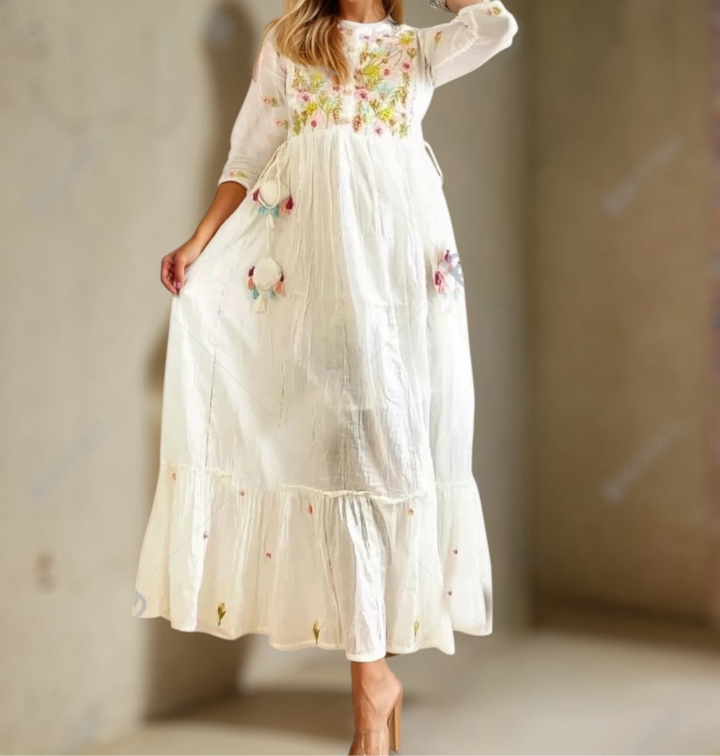 White Multicolor Thread Embroidery Long Dress Women Clothing 44 White Multicolor Thread Embroidery Long Dress Women Clothing 44