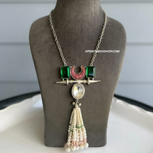 Load image into Gallery viewer, Kundan Green Natural Stone Afghani German Silver Long Pendant necklace
