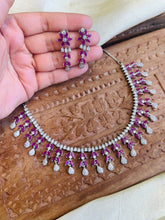 Load image into Gallery viewer, Hot Pink Silver dainty American Diamond Necklace set
